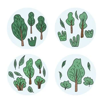 Set of round badges of trees, leaves and bushes.  Templates for card, banner, Stock Illustration