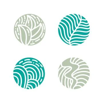 Set of round bio emblem in a circle linear style. Tropical plant green leaf logo 스톡 일러스트