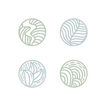 Set of round bio emblems in a circle linear style. Tropical plant green leaves 스톡 일러스트