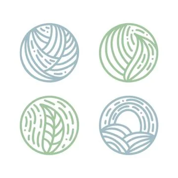 Set of round bio emblems in a circle linear style. Tropical plant green leaves 스톡 일러스트