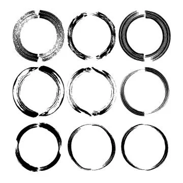Set of round black grunge frames. Empty circlular borders isolated. Vector il Stock Illustration