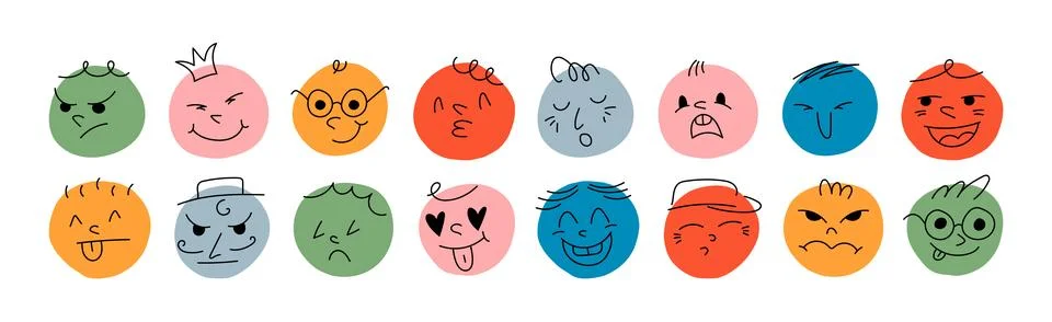 Set of round characters with various face emotions Stock Illustration