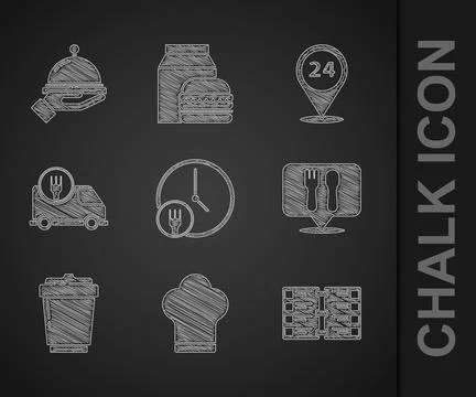 Set Round the clock delivery, Chef hat, Restaurant cafe menu, Cafe and restau Stock Illustration