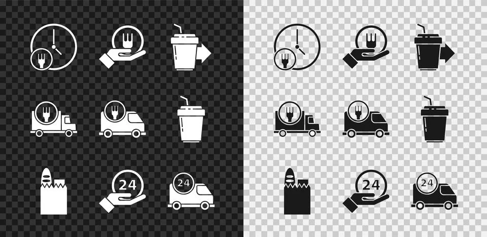 Set Round the clock delivery, Online ordering and, Coffee cup to go, Shoppi.. Stock Illustration