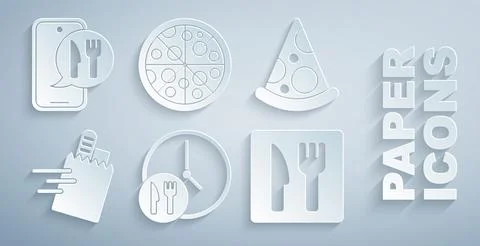 Set Round the clock delivery, Slice of pizza, Online ordering and, Cafe Stock Illustration