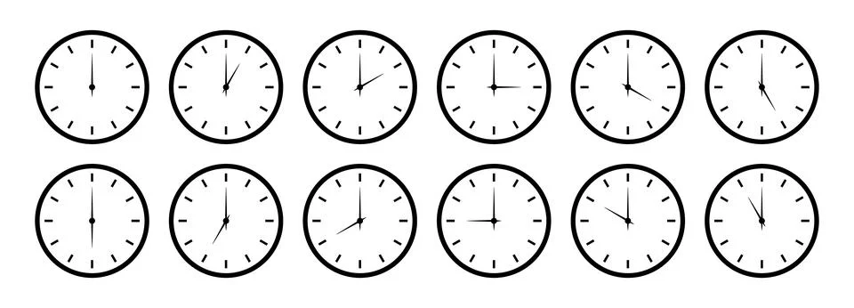 Set of round clocks faces, stopwatch with different time. Clock hands icons.Time Stock Illustration