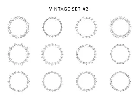 Set of round decorative frames. Kit of black elements  for decoration. Vintag Illustrazione stock