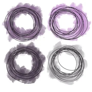 Set of round elements from twisted continuous line. Watercolor spots Stock Illustration