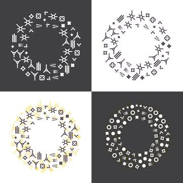 Set of round flat banners with geometric decorations. Circle empty frames Stock Illustration