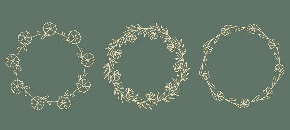 Set of round floral frames. Hand drawn outline botanical wreath Stock Illustration