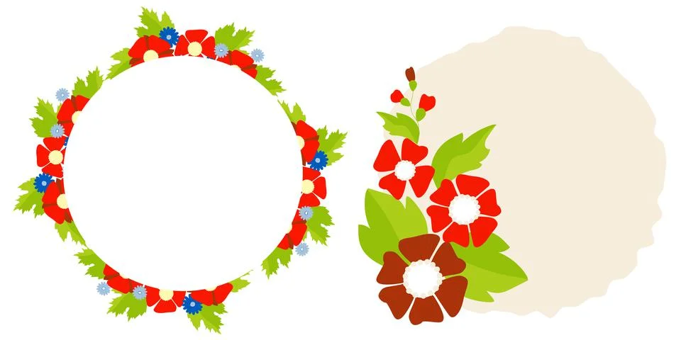 Set of round frames with floral pattern of decorative red poppies and mallows an Stock Illustration