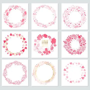 Set of round frames of flowers and hearts for Valentine's Day Stock Illustration