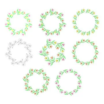 A set of round frames with flowers in doodle style, outlined with a single l Stock Illustration