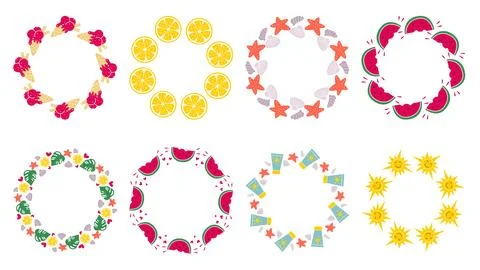 Set of round frames made of colorful fruits, shells and sun イラスト素材