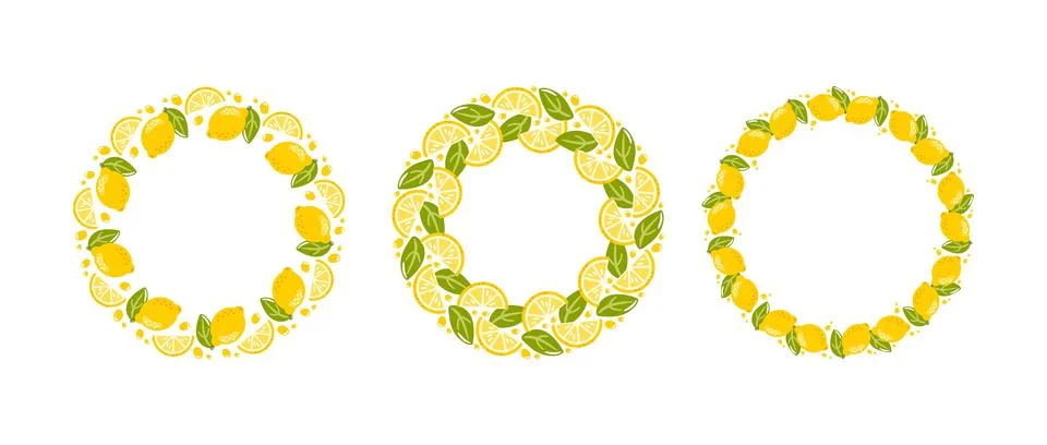 A set of round frames made of lemons, slices and green leaves. The vibrant .. Stock Illustration