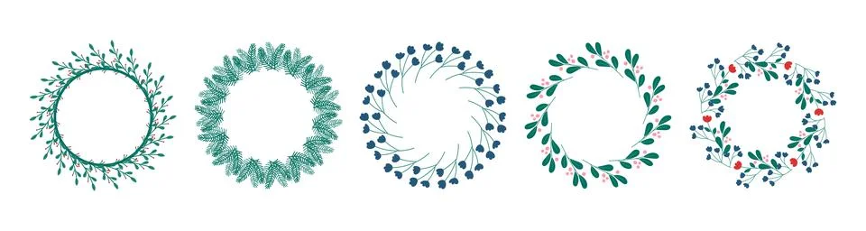 Set of round frames made of stylized twigs and flowers. Illustrazione stock