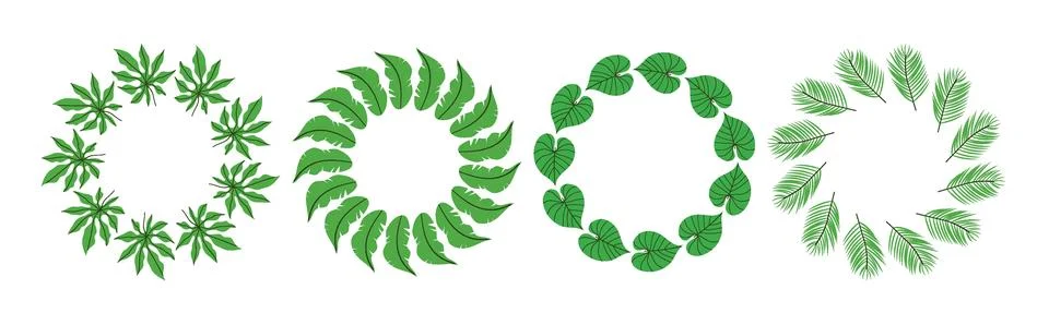 Set of round frames made of tropical leaves. Simple natural leaf design. Ve.. Stock Illustration