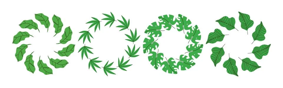 Set of round frames made of tropical leaves. Simple natural leaf design. Ve.. Ilustração Stock