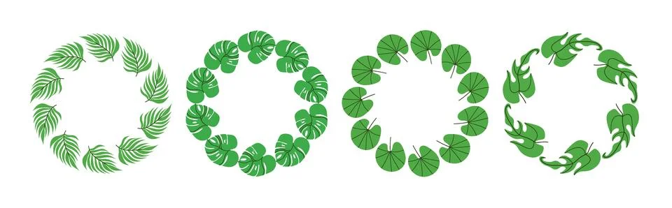 Set of round frames made of tropical leaves. Simple natural leaf design. Ve.. Ilustração Stock