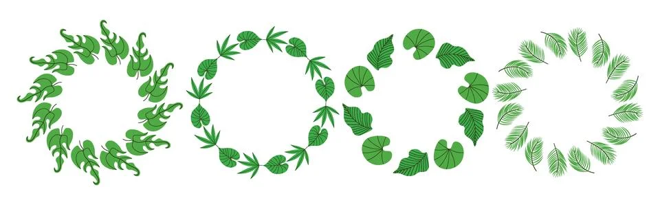 Set of round frames made of tropical leaves. Simple natural leaf design. Ve.. Ilustração Stock