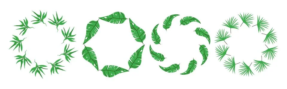 Set of round frames made of tropical leaves. Simple natural leaf design. Ve.. Ilustração Stock