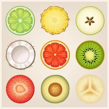 Set of round fruit halves vector icons. Fresh lime, pineapple, green apple Stock Illustration