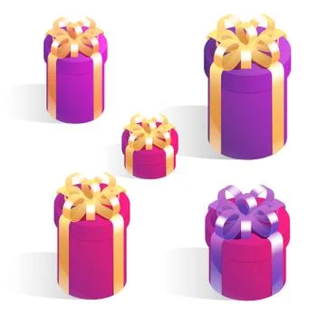 Set of round gift boxes. Isometric vector icons isolated on white background. Stock Illustration