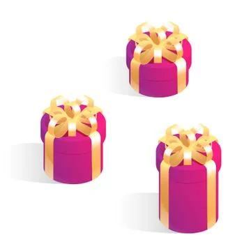Set of round gift boxes. Isometric vector icons isolated on white background. Stock Illustration