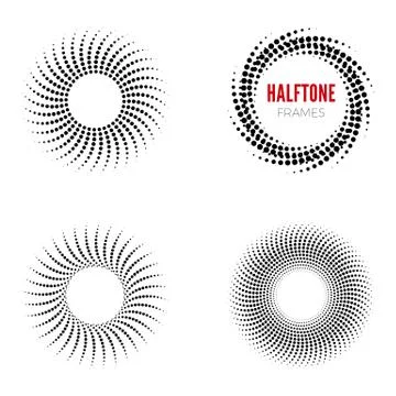 Set of round halftone frames. Abstract vector design elements Illustrazione stock