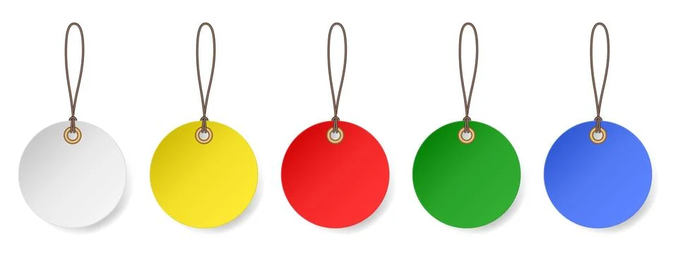 Set of round hanging labels. White, yellow, red, green and blue gift tags Stock Illustration