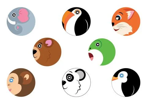 Set of round icon animals in flat mode. Monkey, Frog, Fox Stock Illustration
