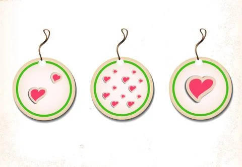 Set of round labels with hearts on old paper Stock Illustration
