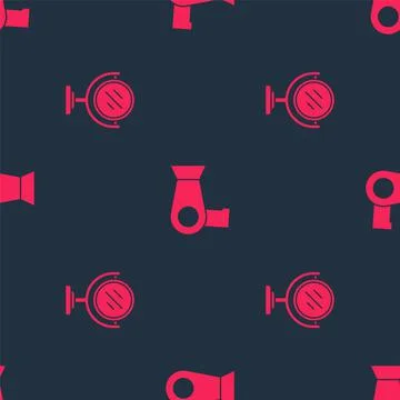 Set Round makeup mirror and Hair dryer on seamless pattern. Vector Stock Illustration