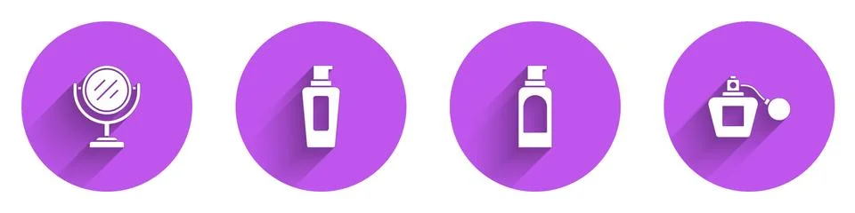 Set Round makeup mirror, Bottle of shampoo, Spray can for hairspray and Perfume Stock-Illustration