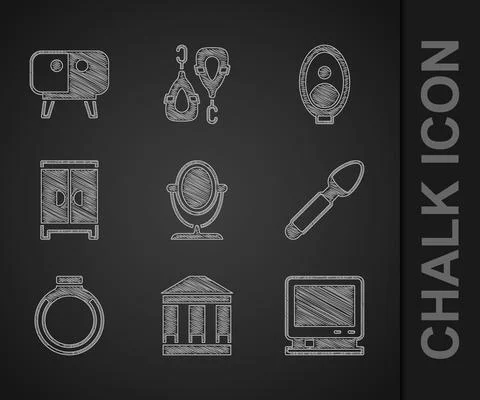 Set Round makeup mirror, Museum building, Retro tv, Silver spoon, Gold ring Ilustración de archivo