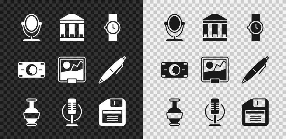 Set Round makeup mirror, Museum building, Wrist watch, Ancient amphorae, Mi.. Ilustración de archivo