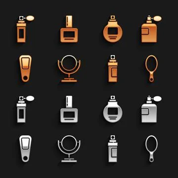 Set Round makeup mirror, Perfume, Hand, and Nail polish bottle icon. Vector Stock-Illustration