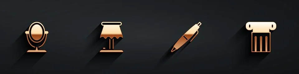 Set Round makeup mirror, Table lamp, Pen and Ancient column icon with long Stock Illustration