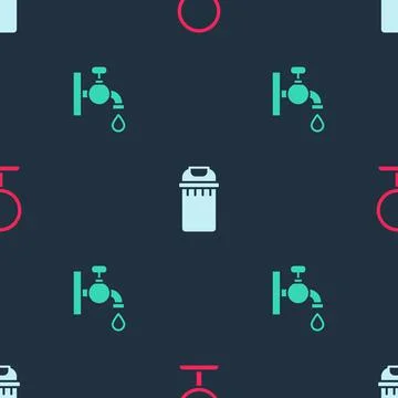 Set Round makeup mirror, Trash can and Water tap on seamless pattern. Vector イラスト素材