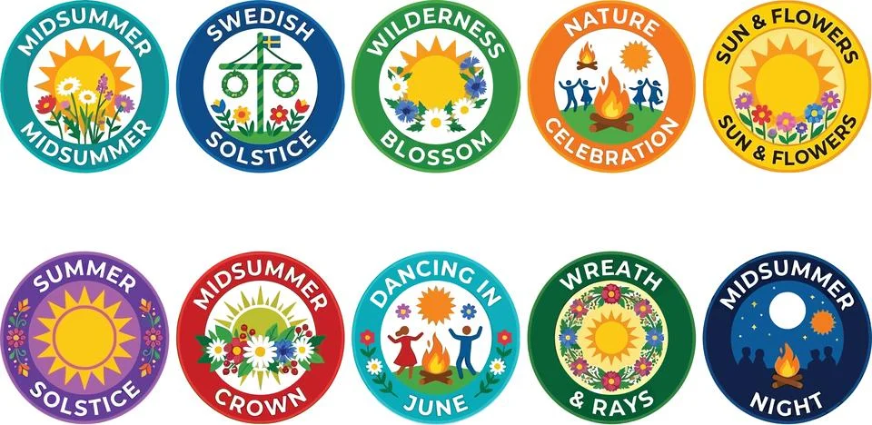 Set of round Midsummer and solstice celebration emblems with sun, flowers a.. Stock Illustration
