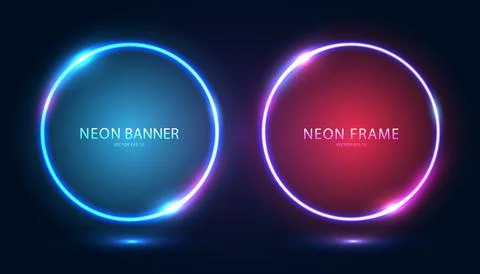 A set of round neon frames with shining effects and highlights on a dark Stock Illustration