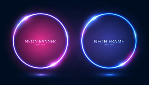 A set of round neon frames with shining effects and highlights on a dark Stock Illustration