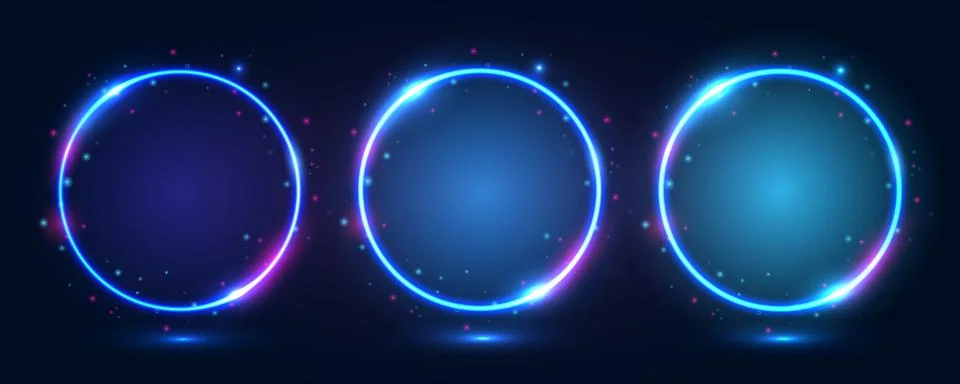 A set of round neon frames with shining effects and highlights on a dark Stock Illustration