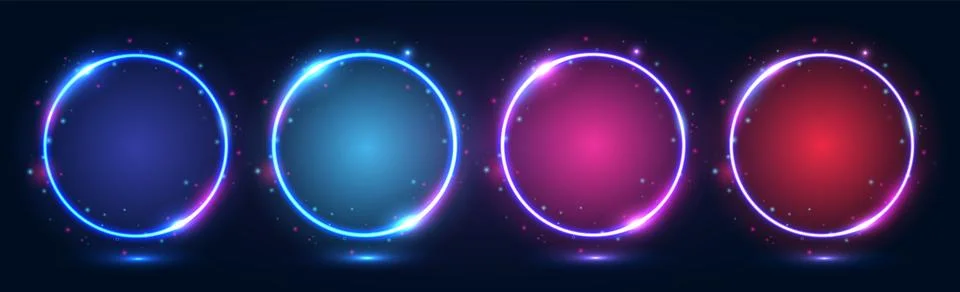 A set of round neon frames with shining effects, highlights and inscriptions on Stock Illustration