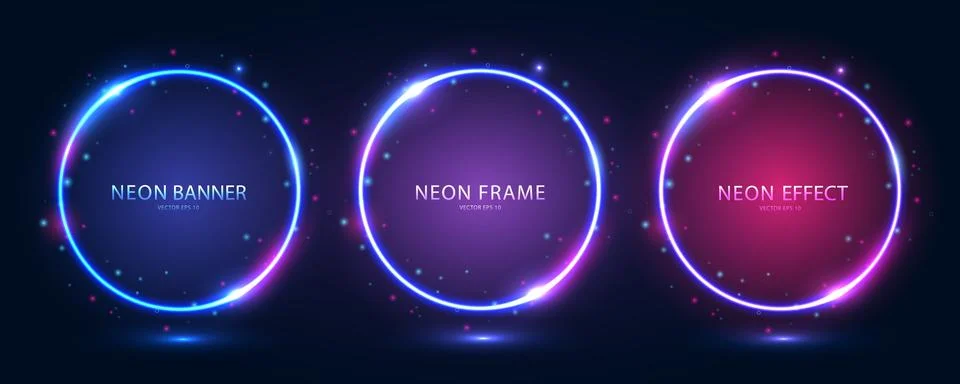 A set of round neon frames with shining effects and highlights on a dark blue Stock Illustration
