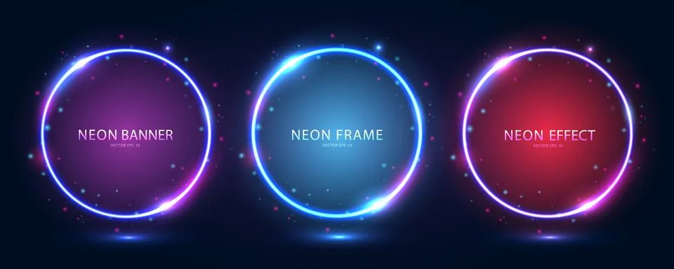 A set of round neon frames with shining effects and highlights on a dark blue Stock Illustration