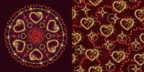 Set of round ornament, seamless pattern for wedding, Valentines Day Illustrazione stock