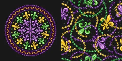 Set of round ornament, seamless pattern for Mardi gras carnival decoration. Stock Illustration