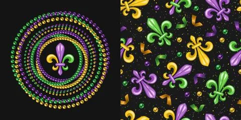 Set of round ornament, seamless pattern for Mardi gras carnival decoration. Stock Illustration