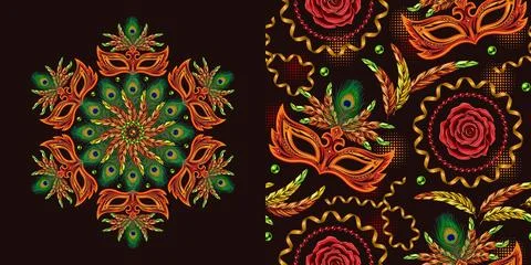 Set of round ornament, seamless pattern for Carnival decoration. Stock Illustration